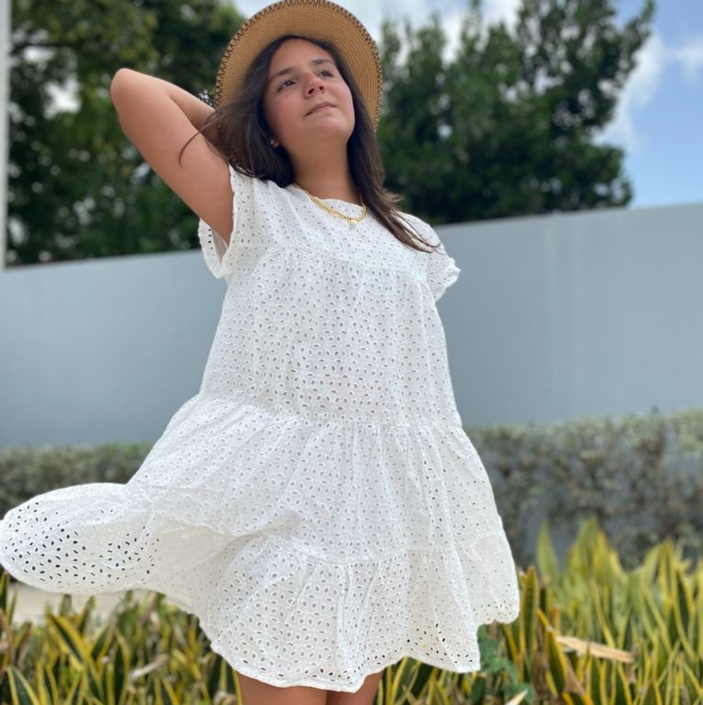 Girls Flutter Sleeve Tiered Eyelet Dress